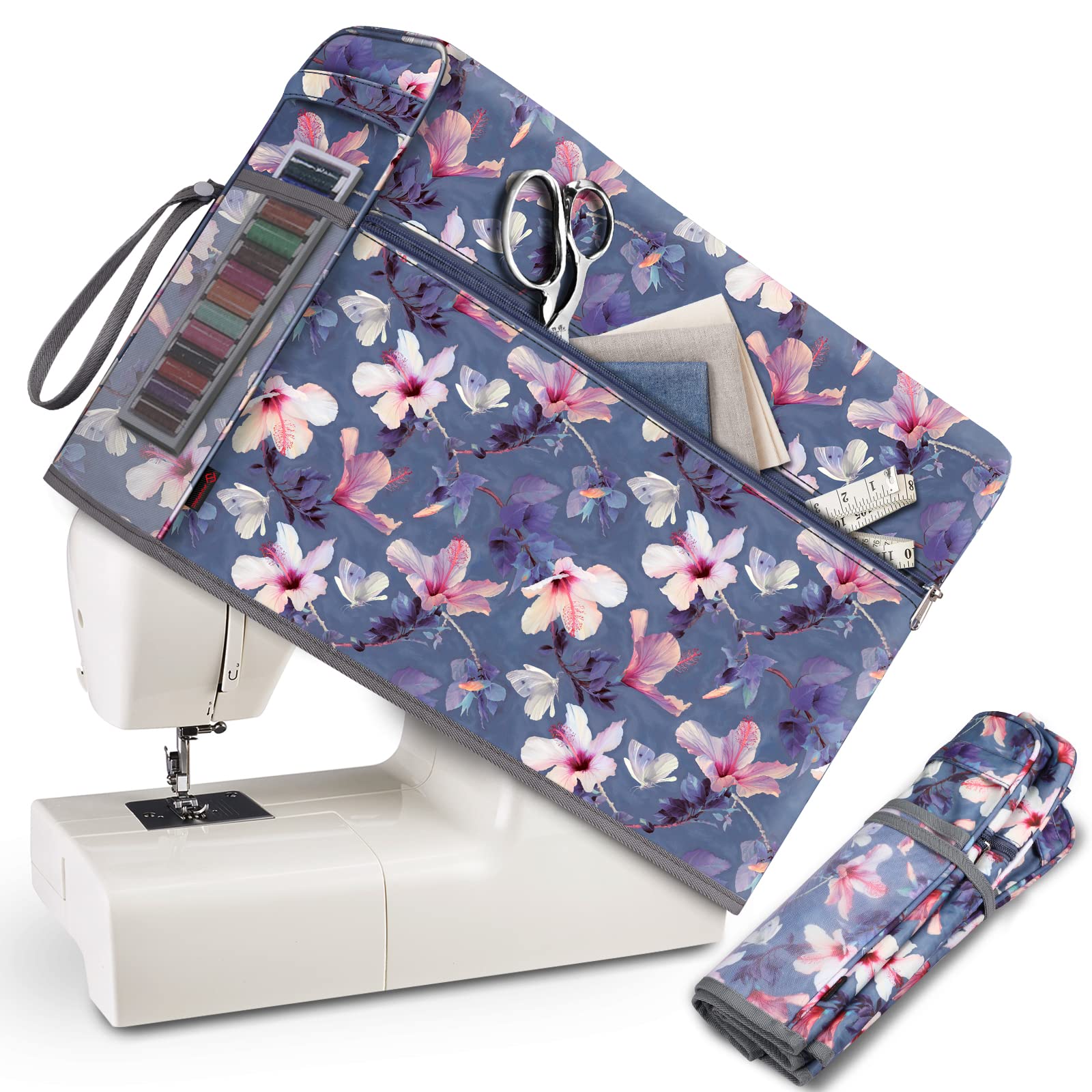 FINPAC Sewing Machine Dust Cover, Protective Cover with Side Handle and Sewing Essentials Pockets for Standard Singer,